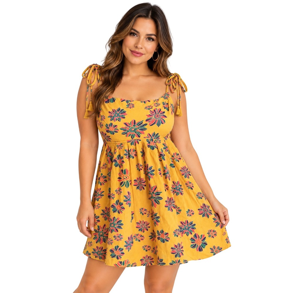 Free People Mustard Yellow Floral Tassel Tie Strap Baby Doll Tunic Top Medium